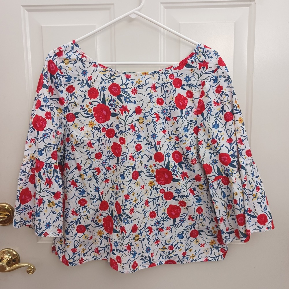 J.Crew Floral Bell Sleeve Cotton Blouse Red Blue White Size 14 Tie Back Top